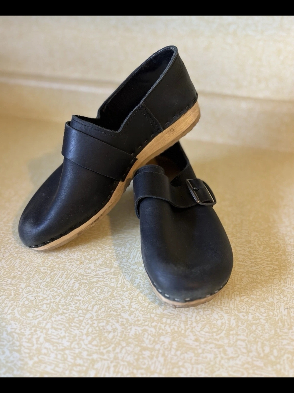 Black Leather Clog Shoes with Wood-Look Sole